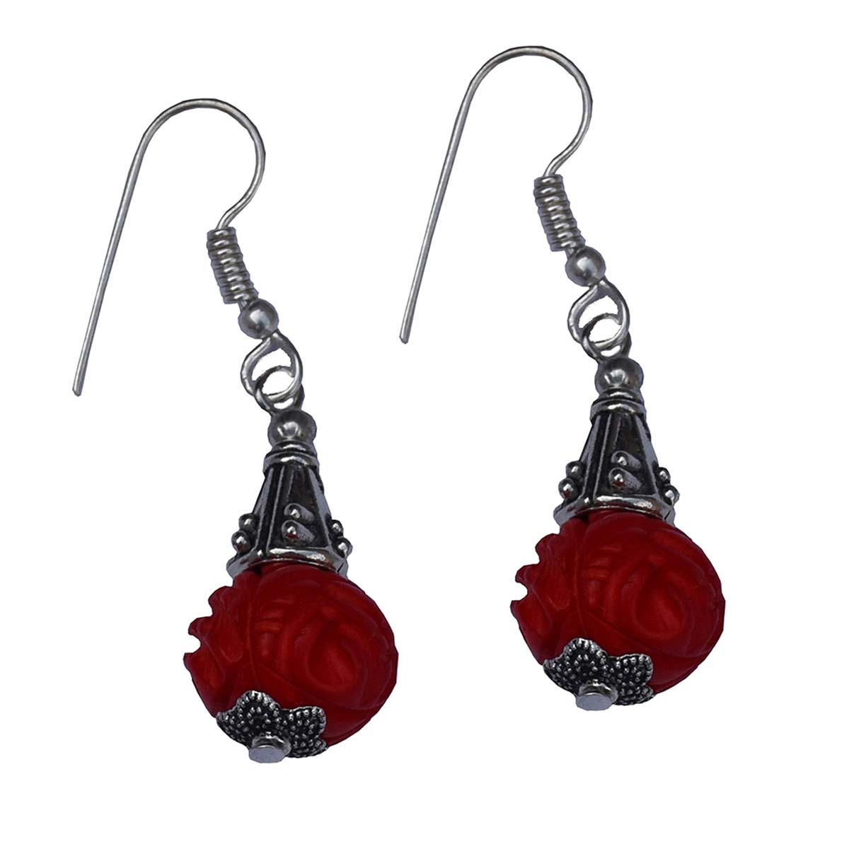 Earrings in Bulk – Pair of Earrings – Red & Antique Silver – Hand-Carved in Bone – Brass – Wholesale Jewelry